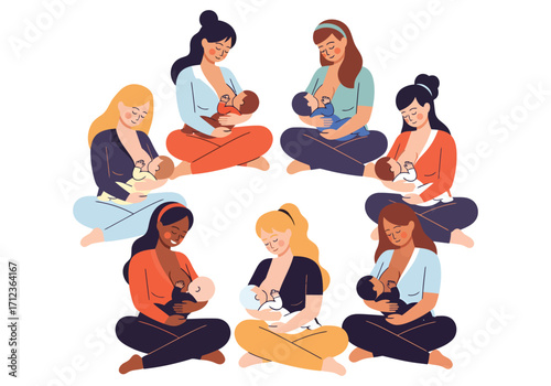 This image depicts group different mothers of varying ethnicities breastfeeding their babies.