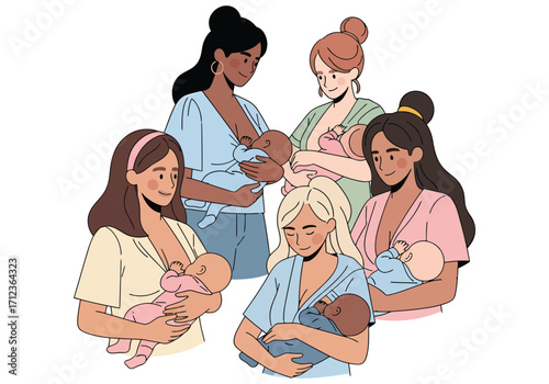 This image depicts group different mothers of varying ethnicities breastfeeding their babies.