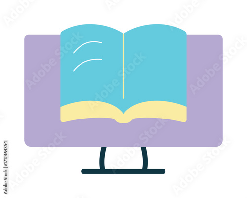Online education and e-learning concept. A colorful flat design icon of an open book on a computer screen for a digital library and distance learning.