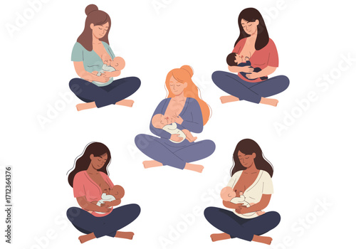 This image depicts group different mothers of varying ethnicities breastfeeding their babies.