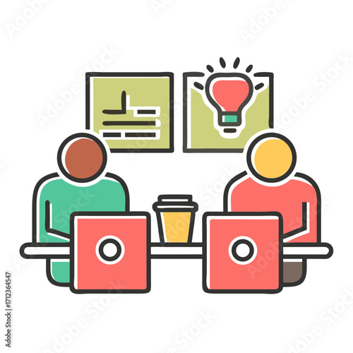 vector illustration of a startup workspace, featuring entrepreneurs working on laptops, a whiteboard with ideas, and coffee cups, using a bold color scheme of red, black, and white