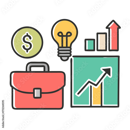 set of clean, flat-style vector icons representing business concepts: a briefcase, a growth chart, a handshake, a lightbulb for innovation, and a dollar sign, designed in a cohesive monochrome style 