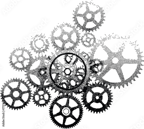 Monochrome illustration of a complex industrial gear system.