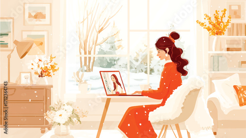 woman video conferencing from cozy home office with winter decor.