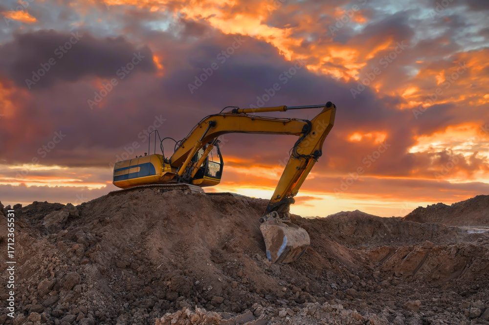 Obraz premium Excavator on earthmoving on sunset. Digger on construction site. Excavator moving soil. Heavy Machinery in open-pit mining. Earthmover on earthmoving in sandpit. Groundworks construction site.