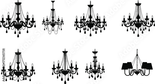 Luxury chandelier silhouette set, elegant hanging lights, vintage crystal lamp design, classic interior lighting decor, black ornate ceiling fixture illustration