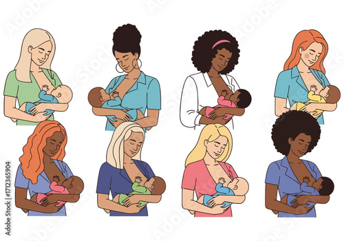 Illustration showcasing various breastfeeding positions for mothers and infants.