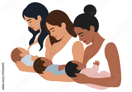 Illustration showcasing various breastfeeding positions for mothers and infants.