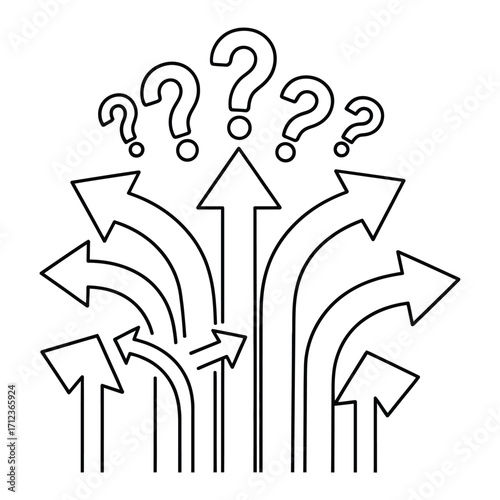 Multiple arrows pointing upwards with question marks above