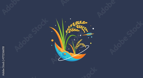 Artistic illustration of rice plants with a cosmic theme and vibrant colors.