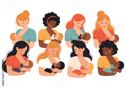 Illustration showcasing various breastfeeding positions for mothers and infants.