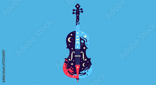 Artistic violin silhouette with celestial night sky and fiery passion.