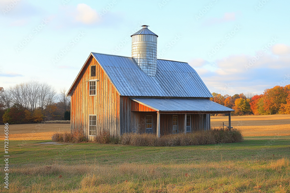 Obraz premium Metal-roofed barn with a sieve on the ground.