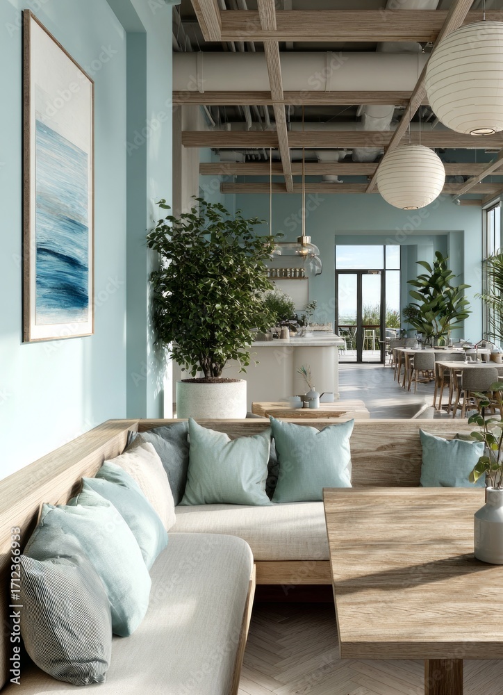 Fototapeta premium Modern restaurant interior design with wooden furniture and ocean painting