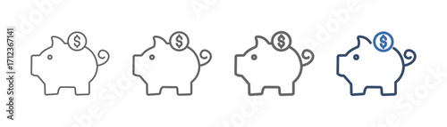outline icon set piggy bank with pig and money design