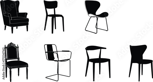 Modern and vintage chair silhouette collection, stylish furniture design, classic wooden seating, elegant armchair vector, interior decor illustration, black outline set