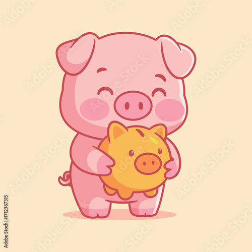 Illustration of Cute Pig Holding Piggy Bank