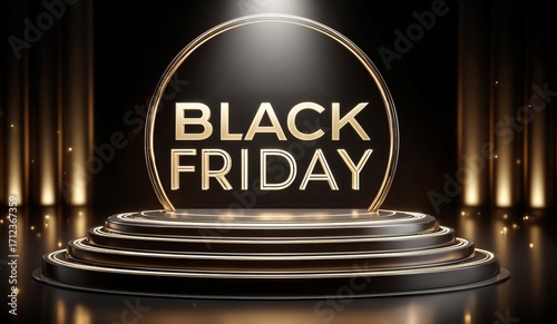 Black friday sign standing on elegant podium with spotlights