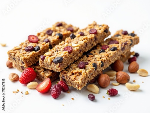 Bunch of mixed gluten free granola energy bars with dried fruit & various nuts. Healthy vegan super food, different fitness diet snacks for sporty lifestyle
