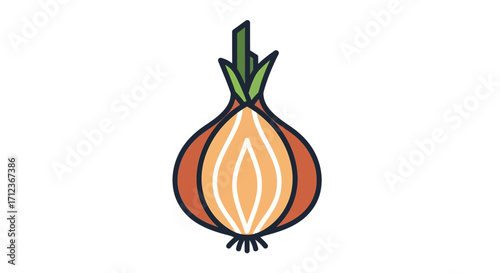 Brown onion with green stalk, detailed illustration.