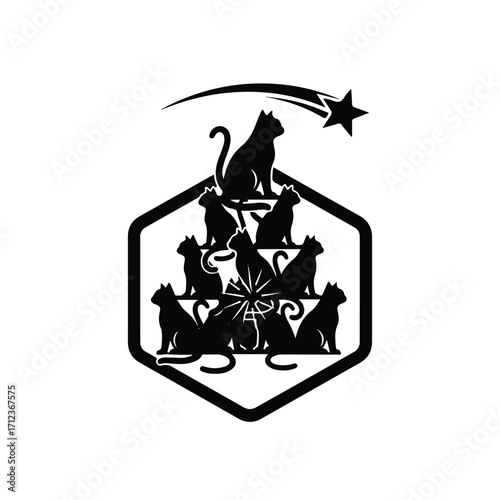 Black silhouette cats arranged in a stylized pyramid shape, within a hexagon, with a shooting star above.