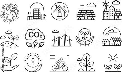 Green City Web Icon Set – Thin Line Eco Urban Vector Collection