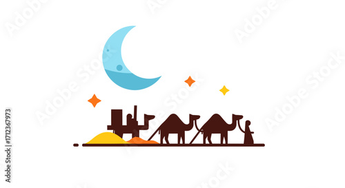 Camel Caravan at Night Under Crescent Moon.