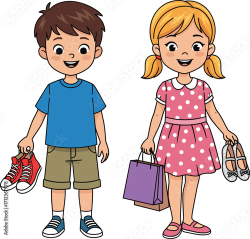 Cartoon children shopping, boy holding sneakers, girl with shopping bags, kids fashion illustration, playful lifestyle, colorful childhood activity, happy friends together
