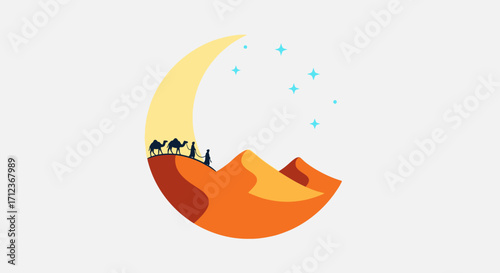 Camel Caravan Silhouette on Crescent Moon Desert Dune.