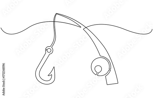 Fishing hook line continuous drawing vector.