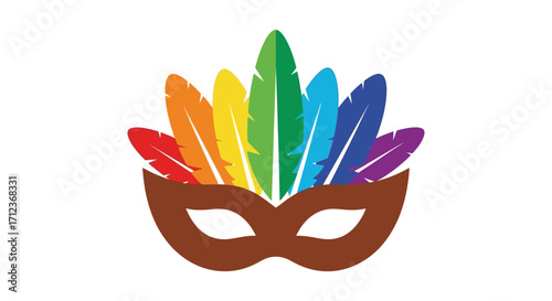 Carnival mask with colorful feathers in rainbow colors.