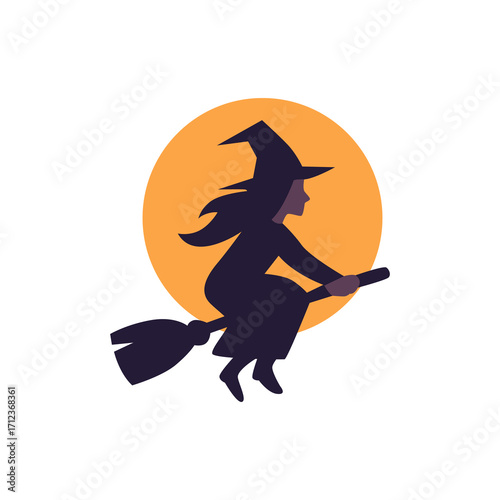 Vector illustration of a witch flying on broomstick in flat Halloween style. Perfect for spooky decorations, invitations, and seasonal graphics.