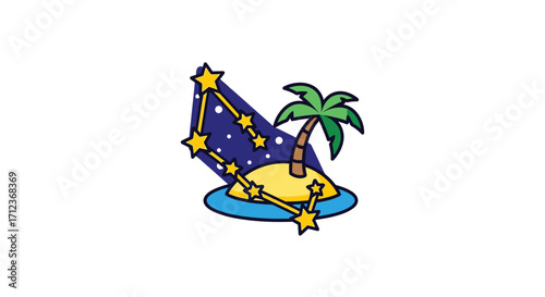 Cartoon Island with Palm Tree and Constellation, Night Sky, Stars.