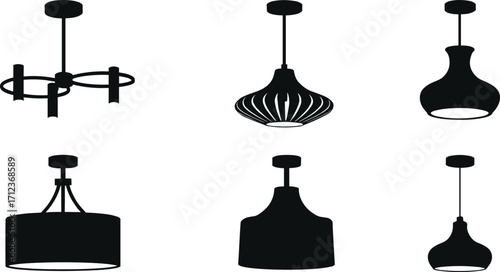 Modern ceiling lamp silhouettes, contemporary pendant light fixtures, stylish interior lighting design, decorative home illumination, elegant chandelier alternatives, black vector illustration