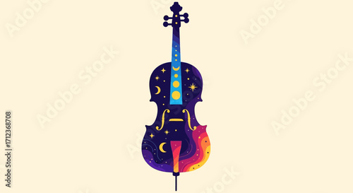 Celestial Cello Illustration with Moon and Stars.