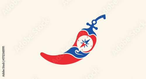 Chili pepper logo with compass, focus on spice and direction.