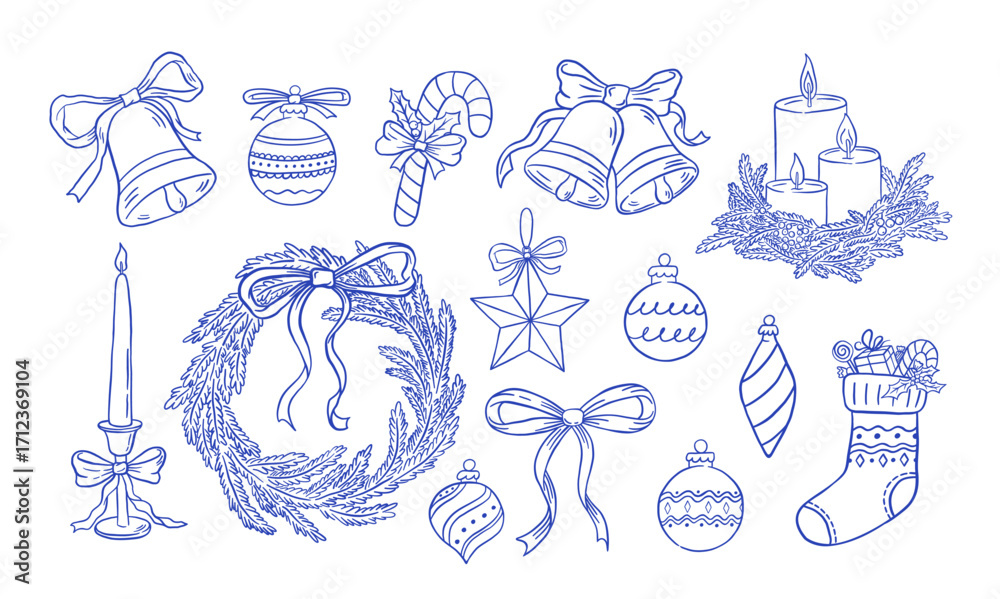 Naklejka premium Hand draw set of Christmas wreath, decor, fir tree branches, candle, bow, balls and bells. Holidays decoration in doodle style. New Year design. Vector illustration.