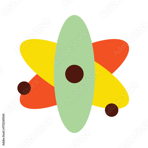 Abstract atom icon in a creative, colorful flat design. A modern symbol of science, technology, and innovation for educational or business concepts, isolated on a white background.