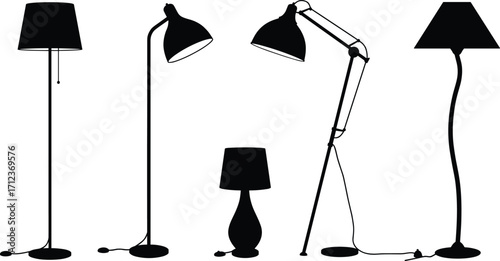 Modern floor lamps, stylish table lamp, black silhouette lighting, contemporary interior decor, elegant standing lamps, adjustable reading light, minimalist design illumination, home furniture