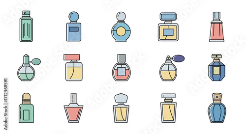 Collection of assorted perfume bottles in various shapes and colors.