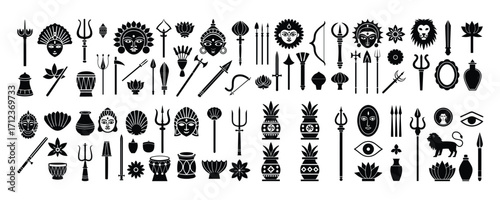 Hindu Festival Icons Set – Durga Puja, Navratri, Religious Symbols, Vector Silhouette