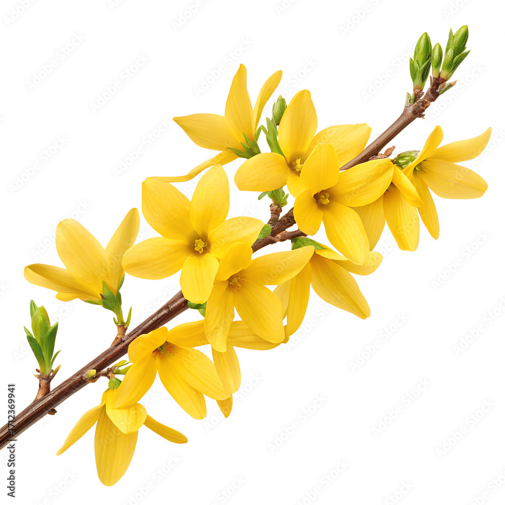 Obraz premium Vibrant yellow forsythia flowers bloom on a delicate branch with fresh green buds against a pure black background suitable for various creative uses