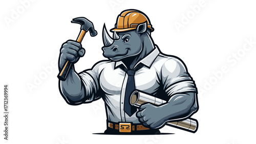 Rhino Constructor Mascot with Hammer and Blueprint