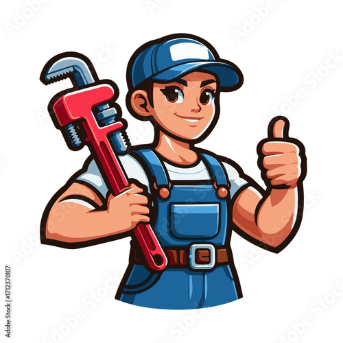 Friendly Plumber Mascot Giving Thumbs Up with Large Pipe Wrench