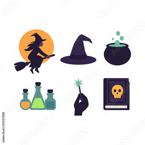 Halloween Witch Icon Set – Witch, Hat, Cauldron, Potion, Wand, Spellbook Vector