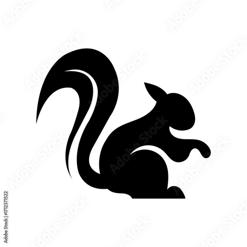 A sleek black silhouette of a squirrel sitting with its bushy tail curved, isolated against a pristine white background. This clean vector graphic is perfect for naturethemed designs.