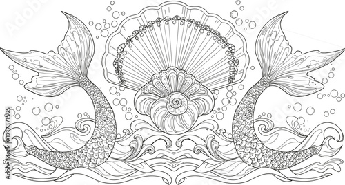 Fantasy mermaid tail illustration with seashell and ocean waves, decorative underwater artwork, mythical sea creature drawing, black white coloring page design