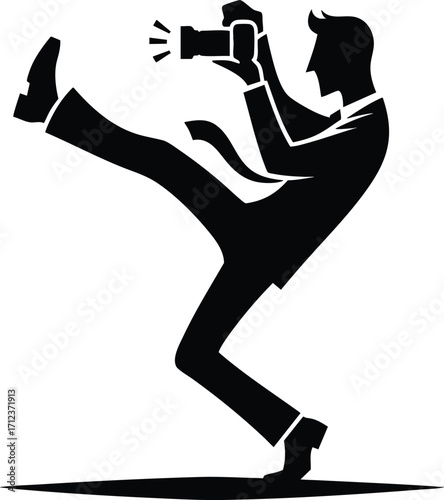 Black silhouette of a funny young photographer with a camera vector illustration isolated on a white background