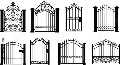 Ornamental wrought iron gates, decorative fence silhouettes, vintage metal entrance design, classic garden gate, stylish security fencing, elegant ironwork, traditional outdoor decor
