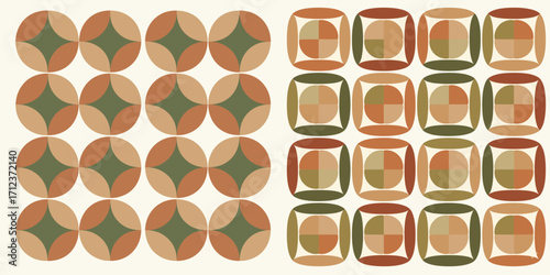 Flat minimalist seamless pattern inspired by traditional Indonesian batik motifs. Geometric ornament design in earthy muted colors